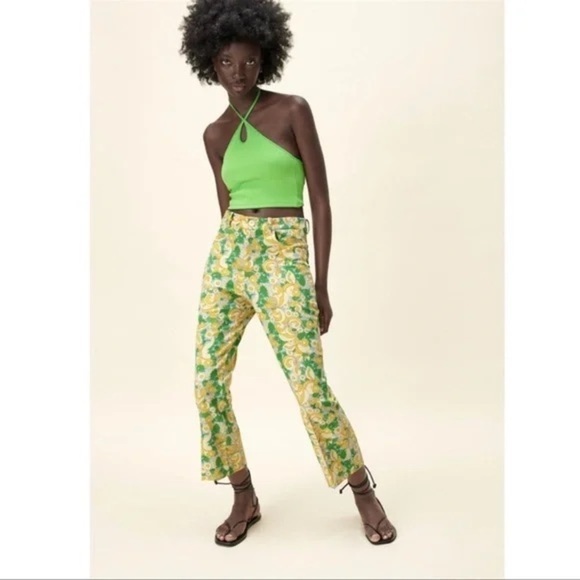 💚ZARA,Psychedelic Green/Yellow 1960’s Floral Printed High-rise Trouser,Size XS - Picture 5 of 14